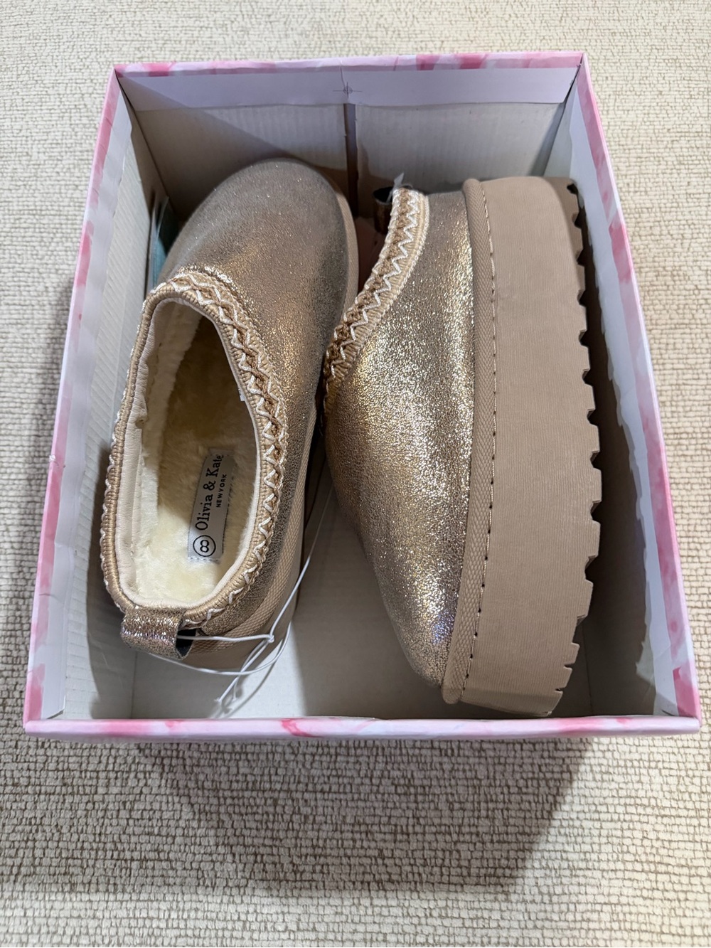 Olivia & Kids Glitter Slip-On Platform Shoes in Champagne New in Box